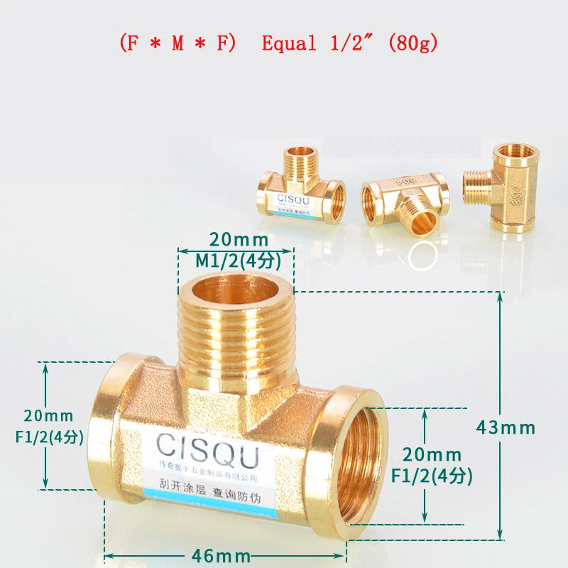 Brass Tee Pipe Fittings – NPT Thread, 1/8" to 2", M/F Configurations