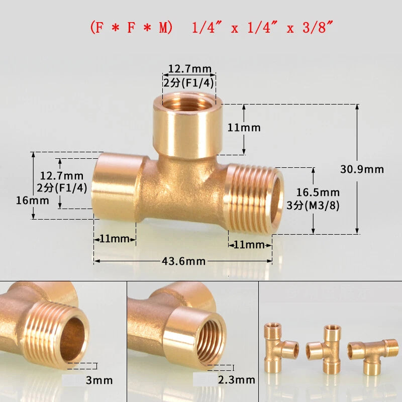 Brass Tee Pipe Fittings – NPT Thread, 1/8" to 2", M/F Configurations