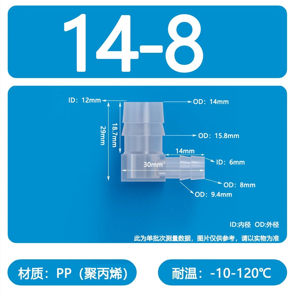90° Elbow Plastic Barbed Joiner Reducer Connector Pipe Tube Hose Water 1.6-25mm