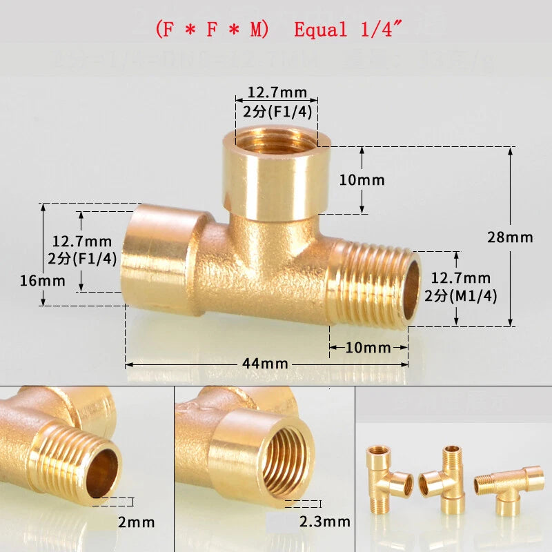 Brass Tee Pipe Fittings – NPT Thread, 1/8" to 2", M/F Configurations