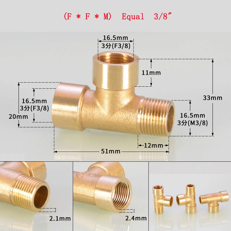 Brass Tee Pipe Fittings – NPT Thread, 1/8" to 2", M/F Configurations