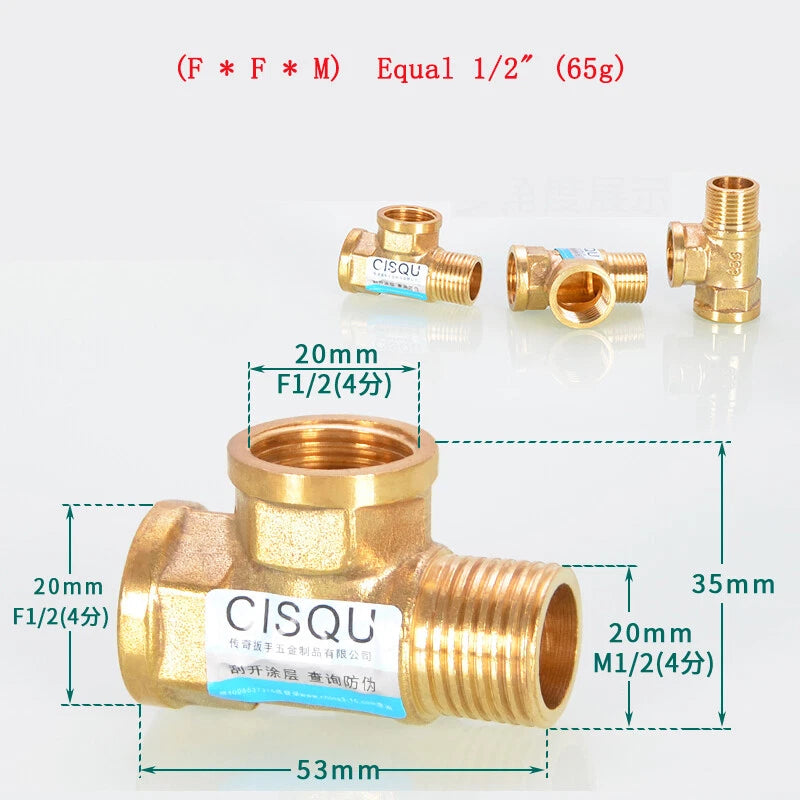 Brass Tee Pipe Fittings – NPT Thread, 1/8" to 2", M/F Configurations