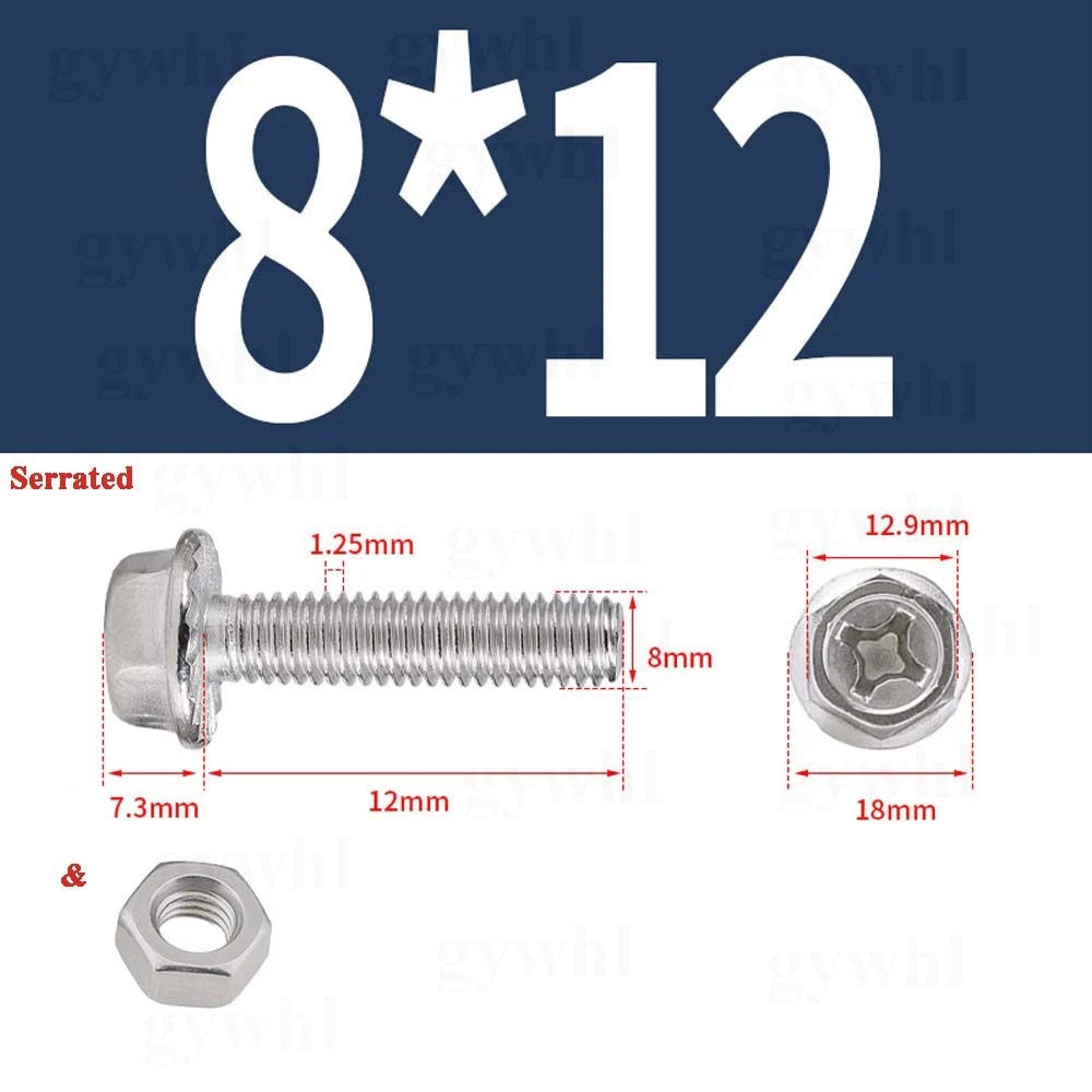 Phillips Hex Flange Bolts with Hex Nuts — Serrated & Smooth, M3–M8