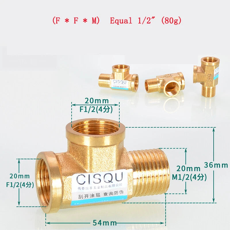 Brass Tee Pipe Fittings – NPT Thread, 1/8" to 2", M/F Configurations