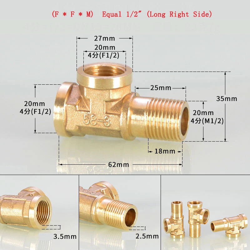 Brass Tee Pipe Fittings – NPT Thread, 1/8" to 2", M/F Configurations
