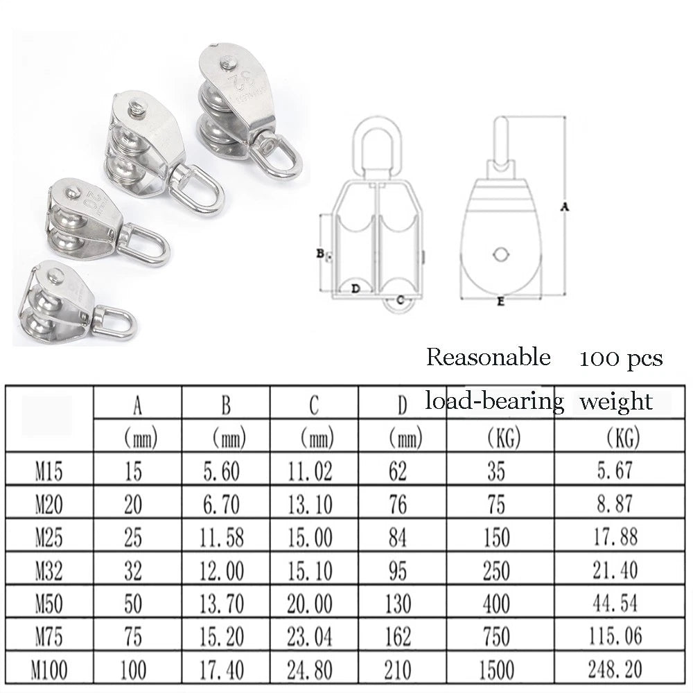A2Stainless Steel Single Double Pulley Rope Pully Lifting Wheel Swivel Block 304