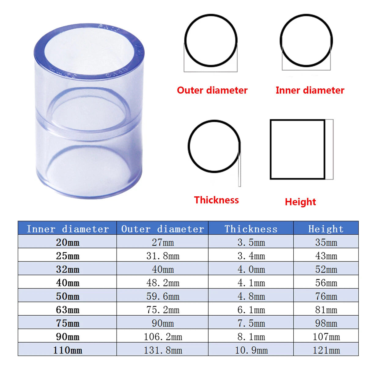 Transparent PVC-U Pipe Adhesive Fittings Tube Sleeve Elbow Tee Union Ball Valve