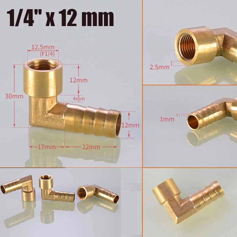 Brass 90° BSP Female Elbow with Barbed Hose Tail — 1/4", 3/8", 1/2" Pipe Fittings