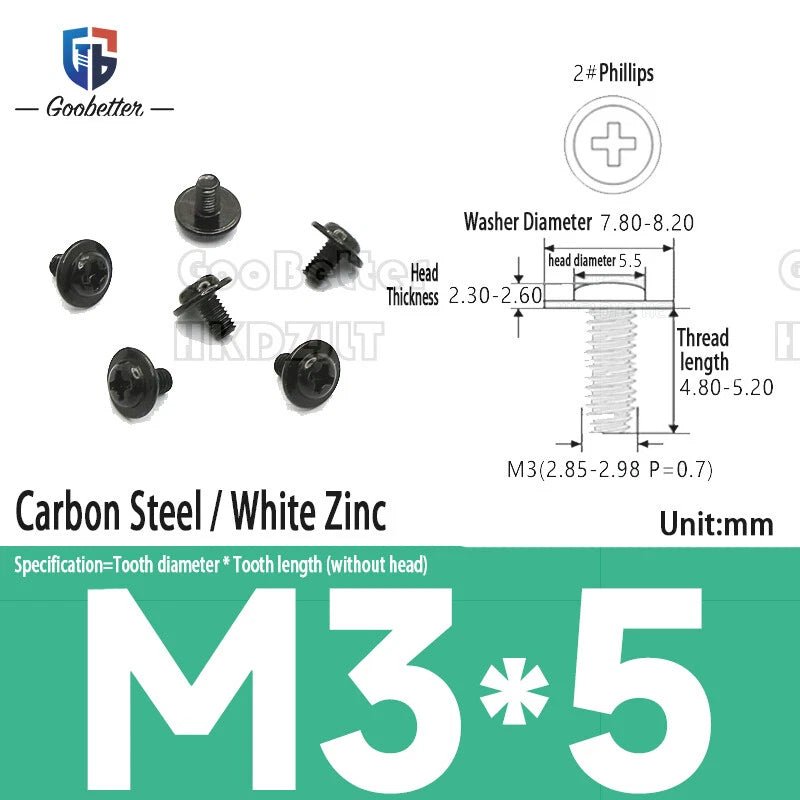 M2.5 / M2.6 / M3 Pan Head Phillips Machine Screws with Integrated Washer — Carbon Steel & Stainless, Multi - Finish - HomeDIYer