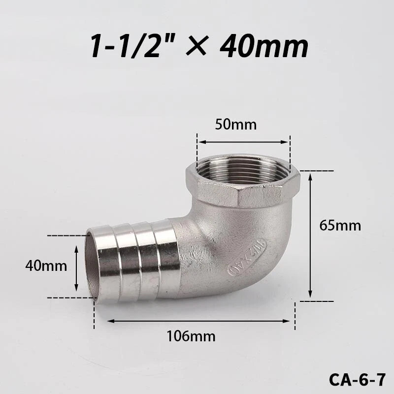 Stainless Steel Female Fitting x Barb Hose Tail End Elbow Connector 1 4" - 11 2"