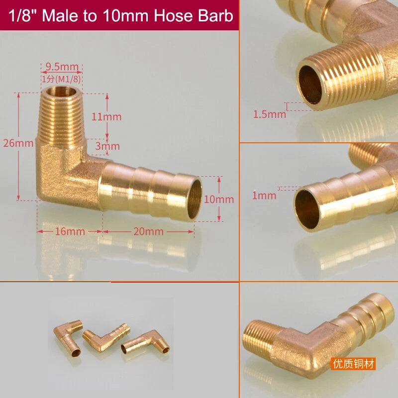 Brass Hose Barb Elbow Fittings — Male BSP to Metric Barb, 1/8" to 3/4" BSP