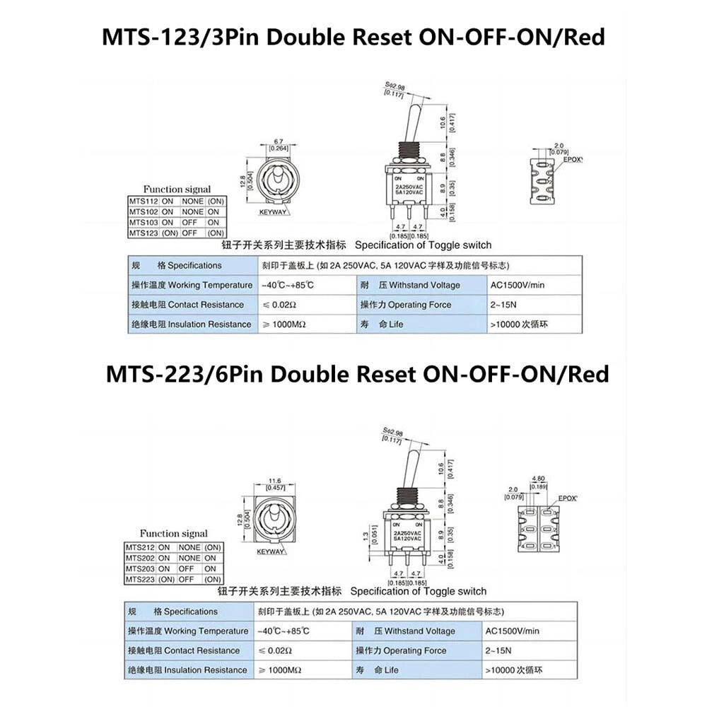 MTS PS Series Mini Toggle Switch — 3/6/9/12 Pin, 2-Way & 3-Way, Latching & Self-Resetting
