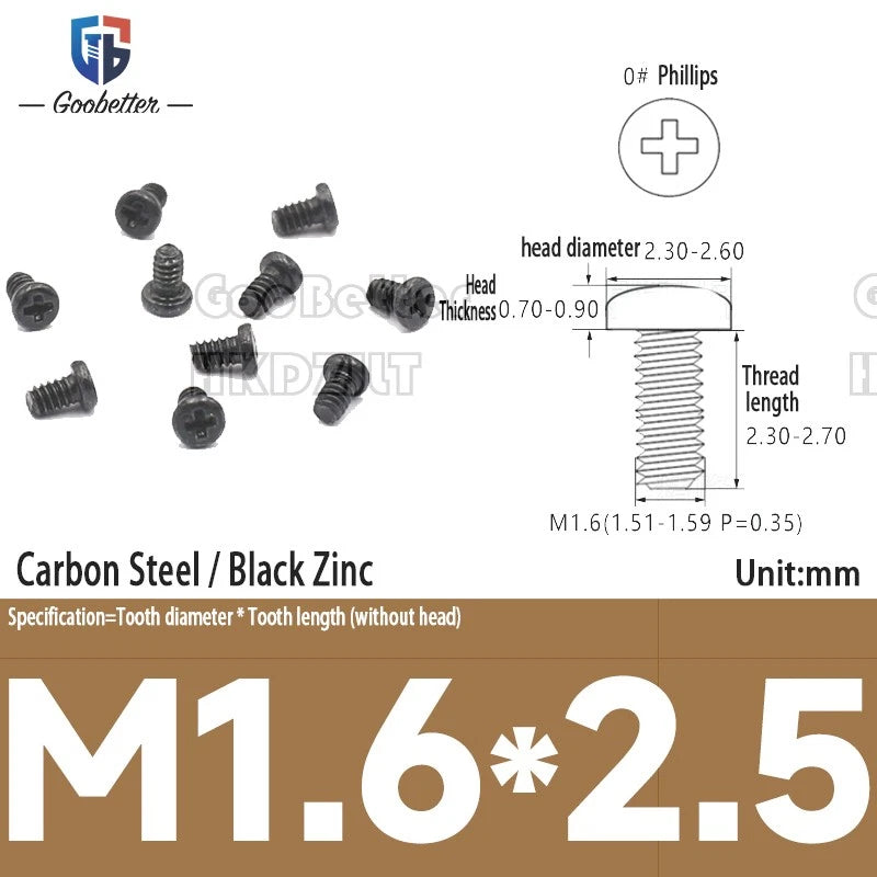 M1.6 & M1.7 Phillips Pan Round Head Machine Screws – Carbon Steel, Brass or Stainless, Lengths 1.5–22mm