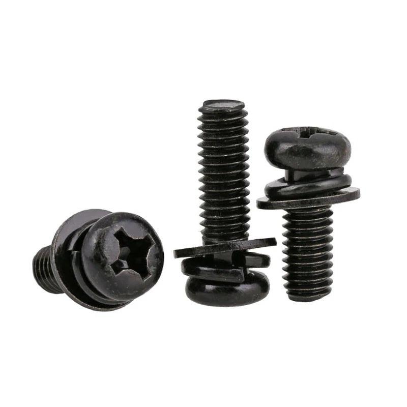 Black Zinc Pan Head Machine Screws with Washers, M2–M6 Pozi Phillips Drive