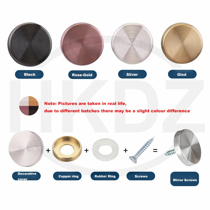 Stainless Steel Mirror Screw Cover Caps – Decorative Disc Plates for Glass, Mirrors & Furniture (16-50mm, Flat/Dome, Silver/Gold/Black/Rose Gold)