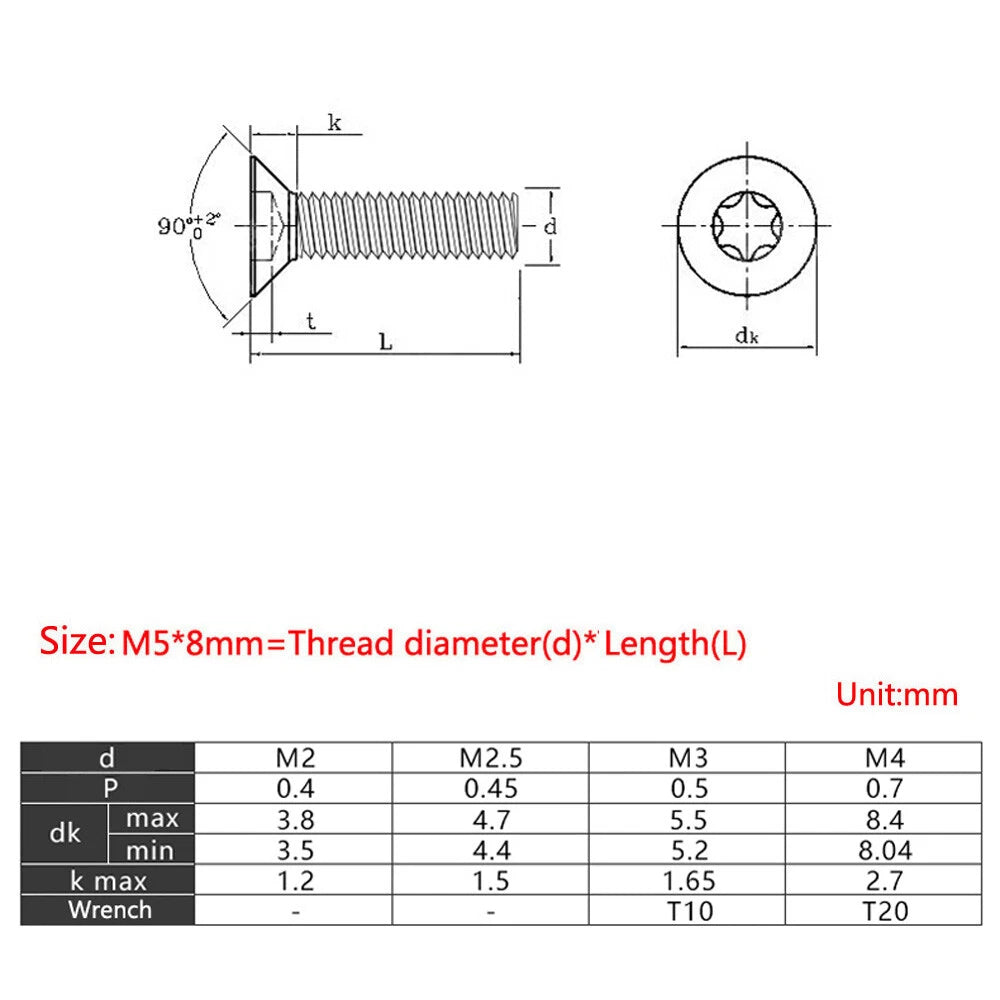 Torx Countersunk Head Screws M2 M2.5 M3 M4 — A2 Stainless Steel Security Machine Screws