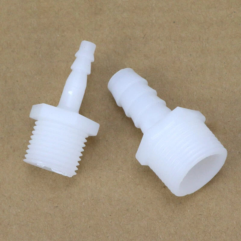 Male Thread Barbed Hose Connector — Straight Plastic Fitting, 1/2" & 3/4" Thread, 4mm–25mm Barb