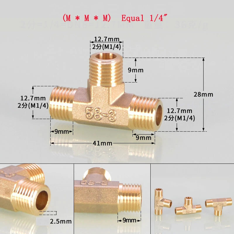 Brass Tee Pipe Fittings – NPT Thread, 1/8" to 2", M/F Configurations