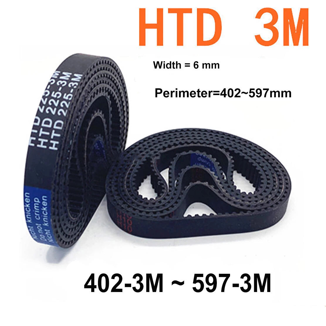 HTD 3M Timing Belt 6mm Wide, Closed Loop Synchronous Belt, L=402–597mm, Black Rubber