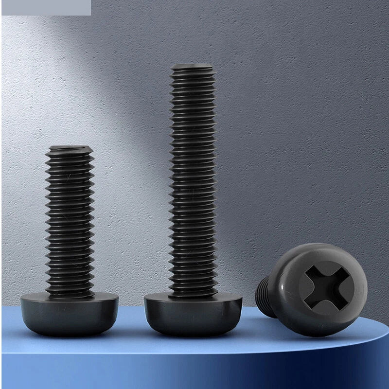 Black Nylon Pan Head Phillips Machine Screws M2 M2.5 M3 M4 M5 M6 M8 — Non-Conductive PA66 Plastic Screws 4mm to 60mm