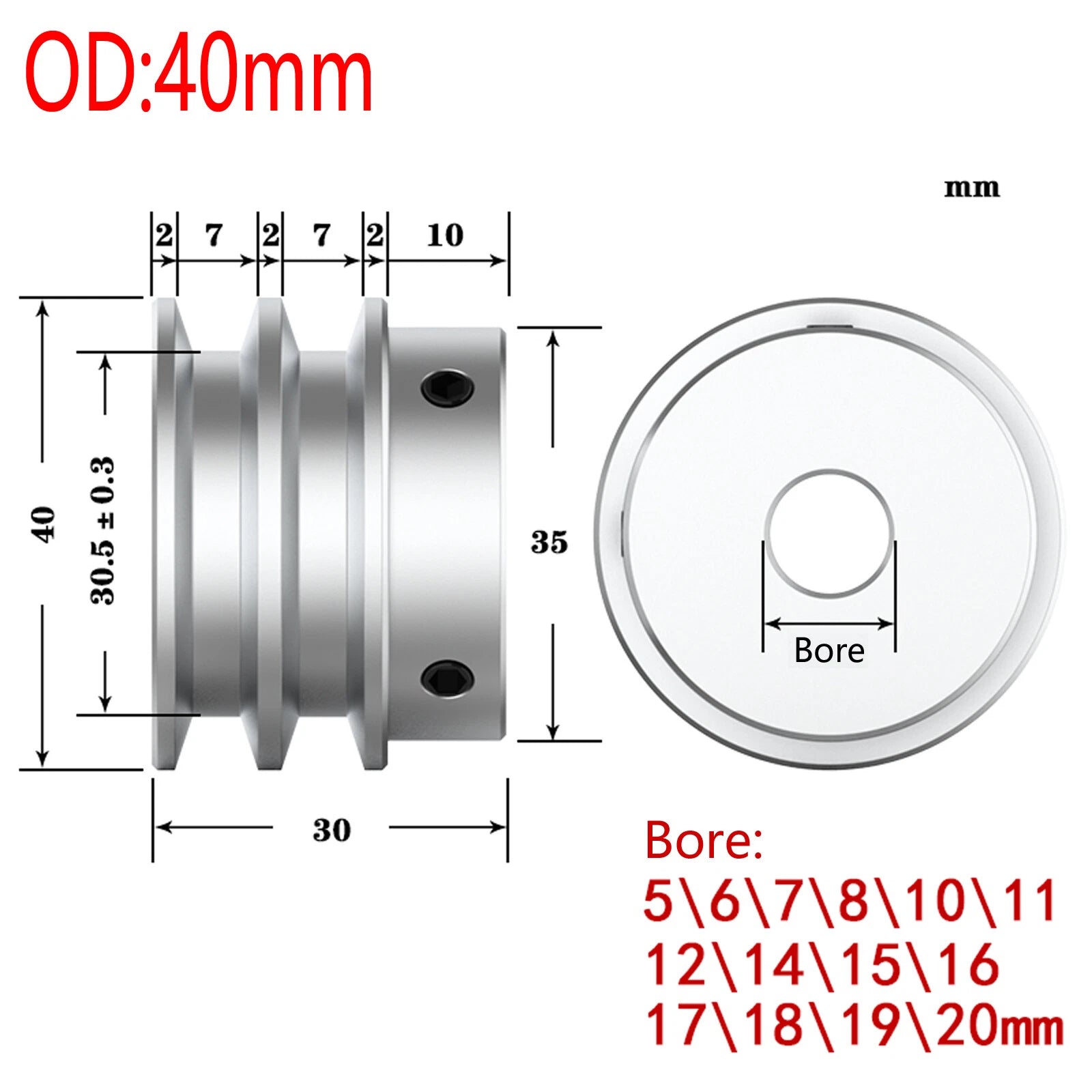 Double V Grooved Pulley PU Round Belt Pulleys Aluminum Width 7mm OD 30-80mm