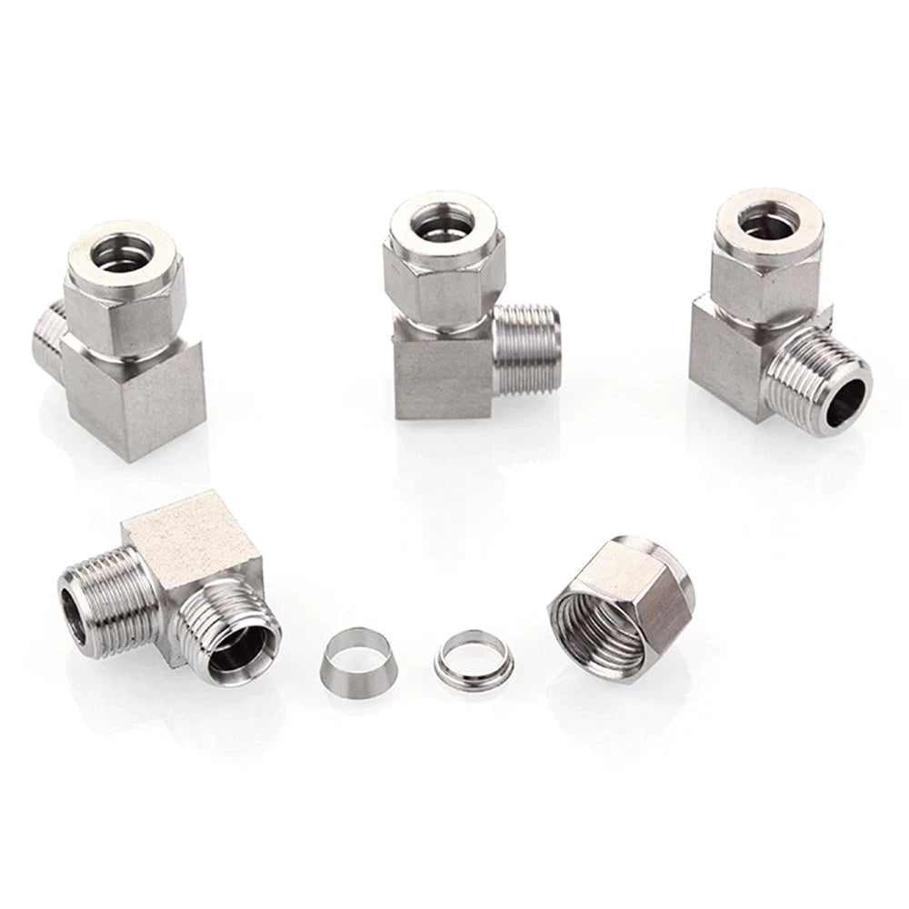 304 Stainless Steel Compression Fitting – 90° Elbow Male Connector, BSPT 1/8" to 1/2", Tube OD 6–20mm