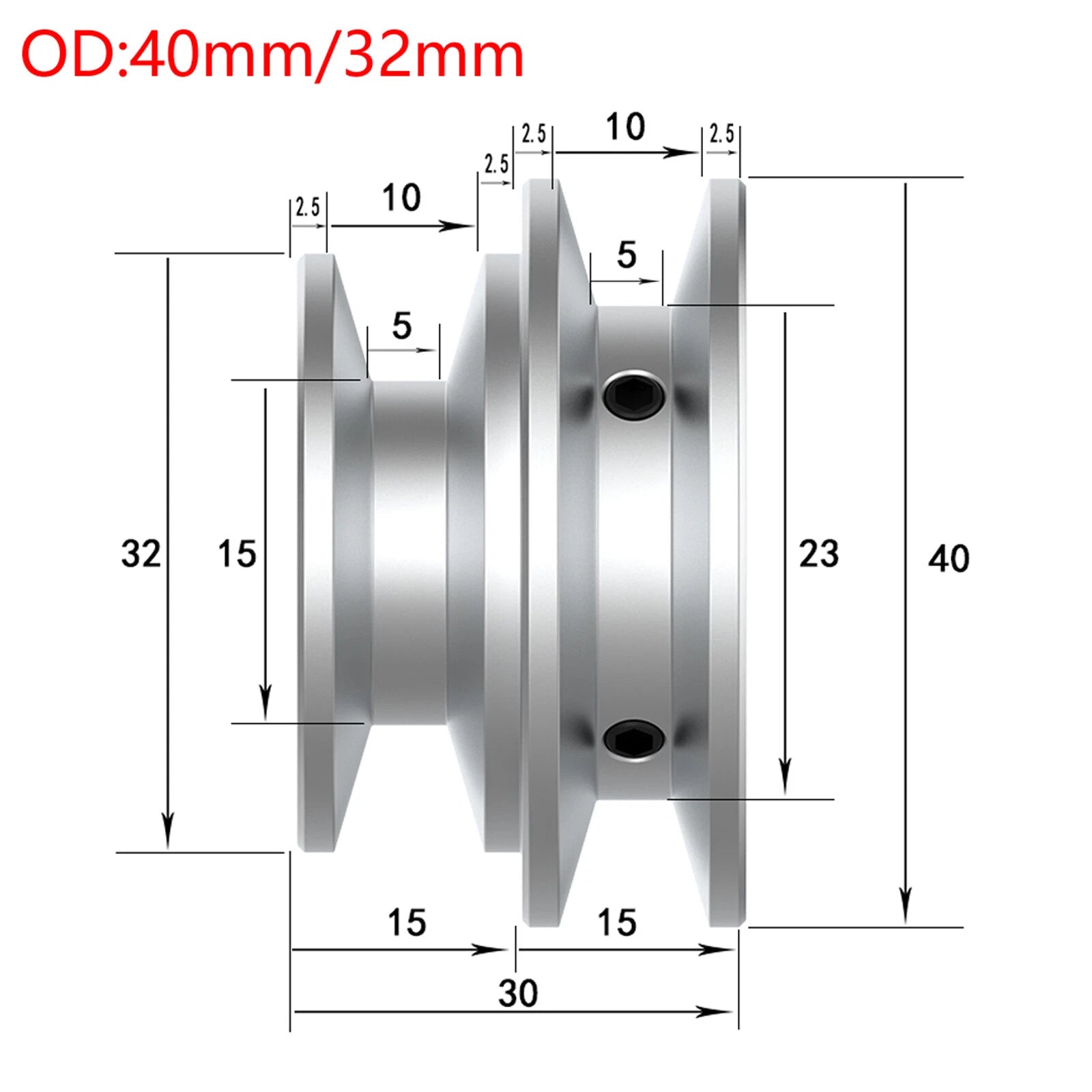 OD 32-60mm Double V-Groove Aluminum Drive Pulley For O(Z)-Section V-Belt Pulleys