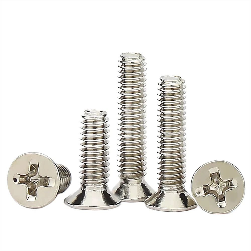 Nickel‑Plated Round & Countersunk Phillips Machine Screws – M1.2 M1.4 M2–M4, 3–12mm Lengths