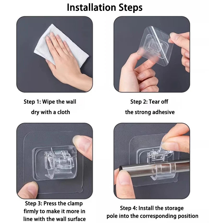 Self Adhesive Hooks Curtain Rod Bracket Pole Nail Free Adjustable Holder Hook