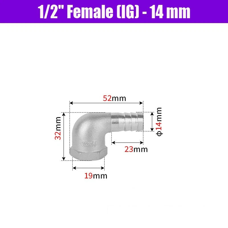 BSP Male Elbow Barbed Hose Connector — Stainless Steel, 1/8" to 1/2", 6–16mm