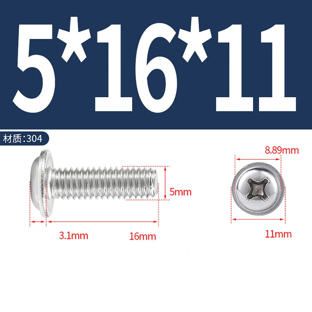 Phillips Flanged Button Head Screws M1.4–M6 | 304 Stainless Steel