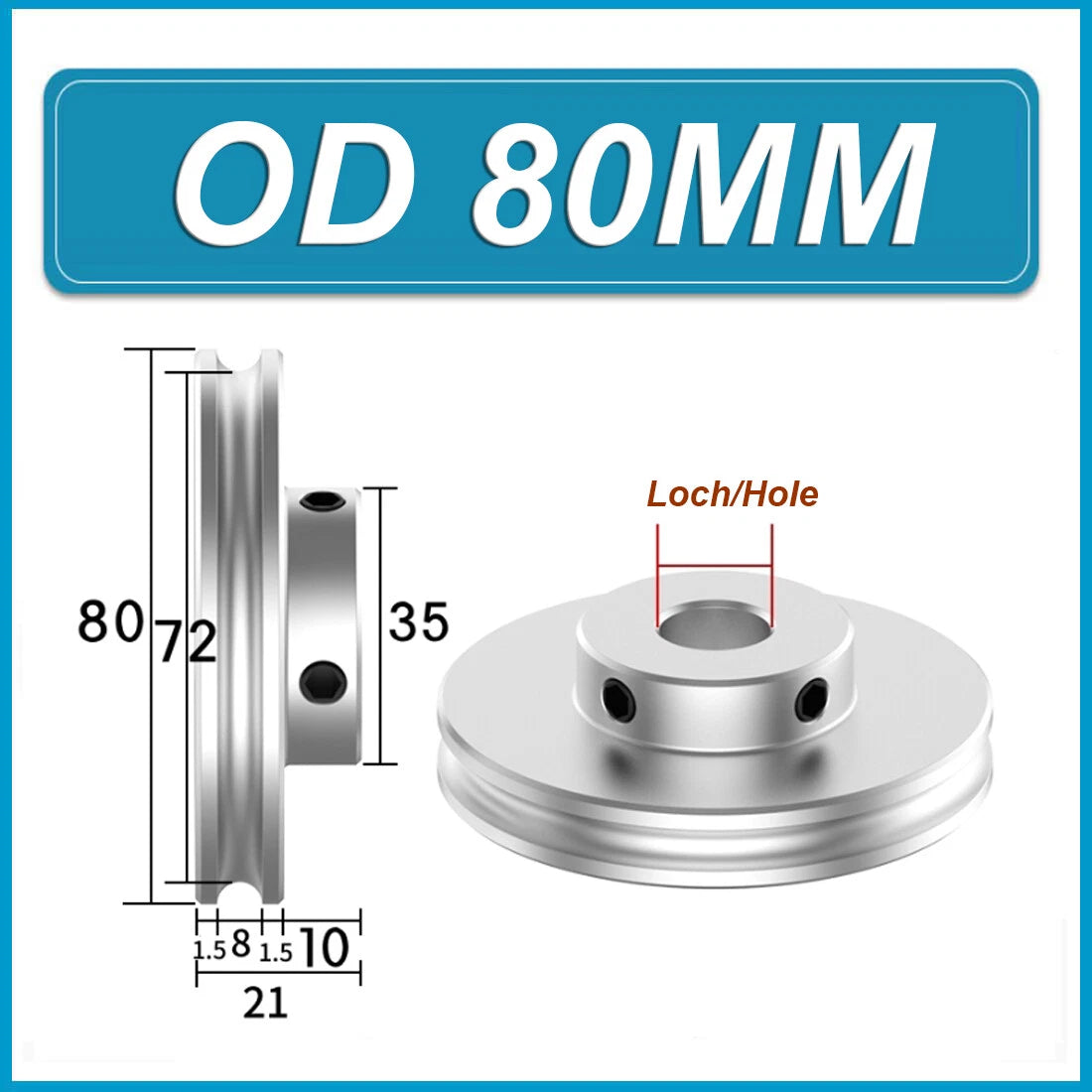 Aluminium U Pulley Single-Slot OD 30mm~100mm for Motor Machine 8MM PU Round Belt