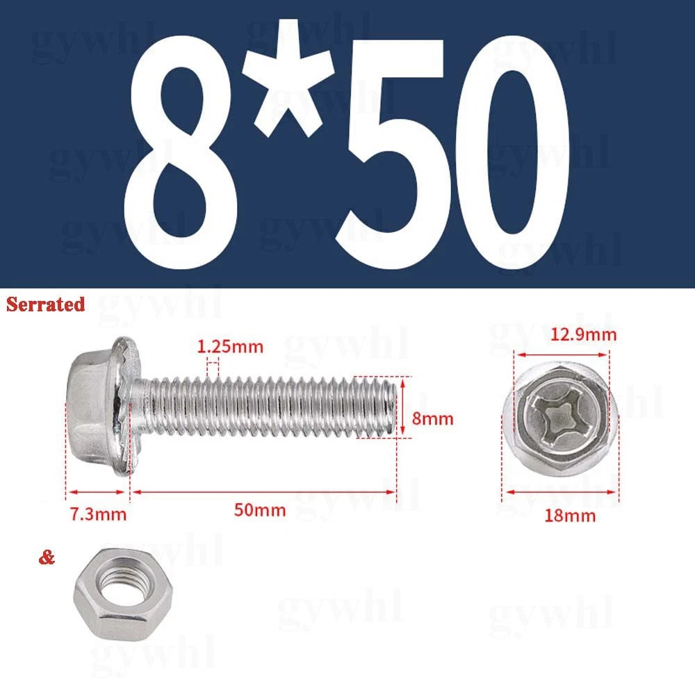 Phillips Hex Flange Bolts with Hex Nuts — Serrated & Smooth, M3–M8