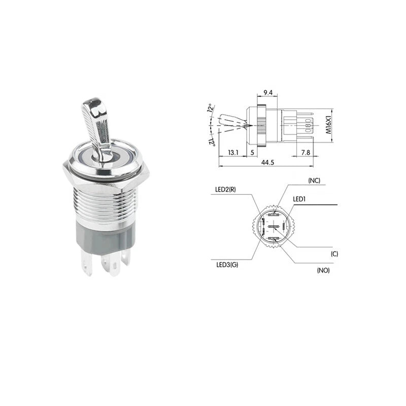16mm Metal Toggle Switch – 15A 2-Position ON/OFF with LED Indicator, IP65 Waterproof