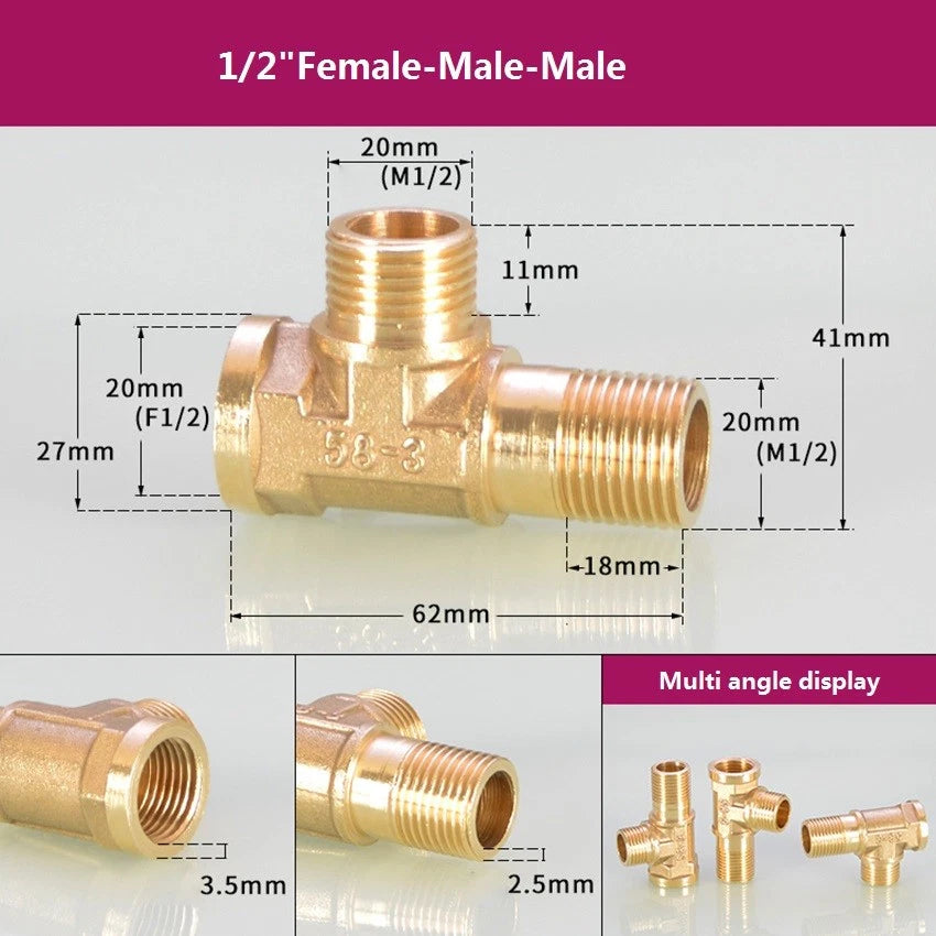 Brass BSP 1/2" T-Shape Tee Pipe Fitting | Male & Female Thread Connector