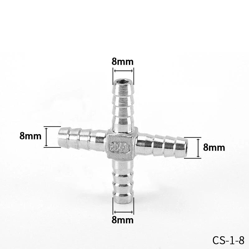 A2 Stainless Steel Cross 4-Way Barbed Hose Connector | 8–25mm | Air Fuel Water Gas
