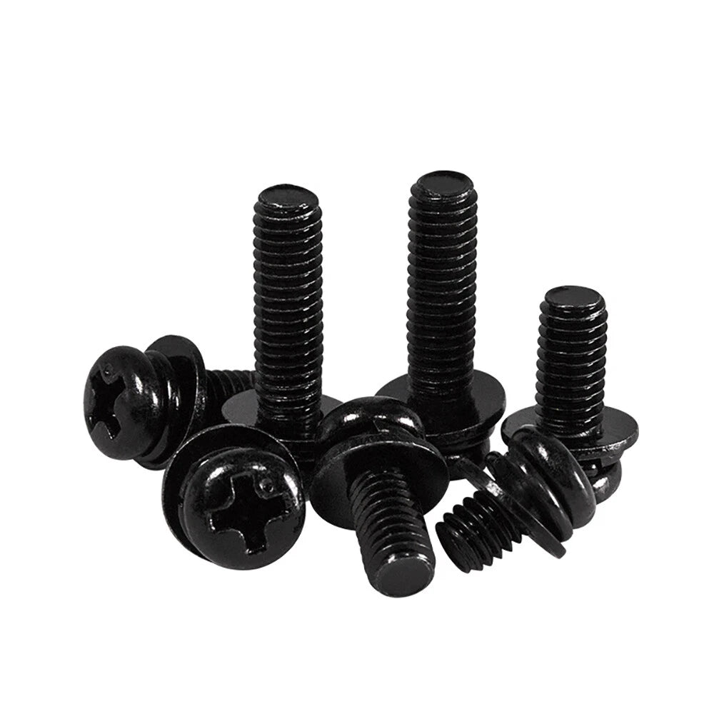 M2–M8 Black Phillips Pan Head Machine Screws with Flat Washers & Spring Washers