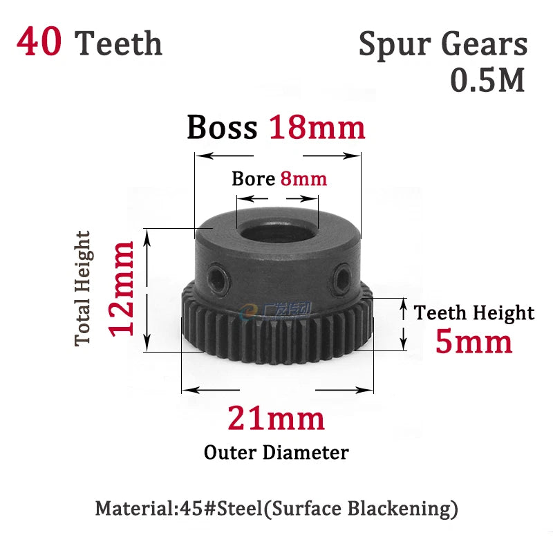0.5 Mod 40T Spur Gears Steel Pinion Gears Metal Spur Transmission Gear 45 Steel