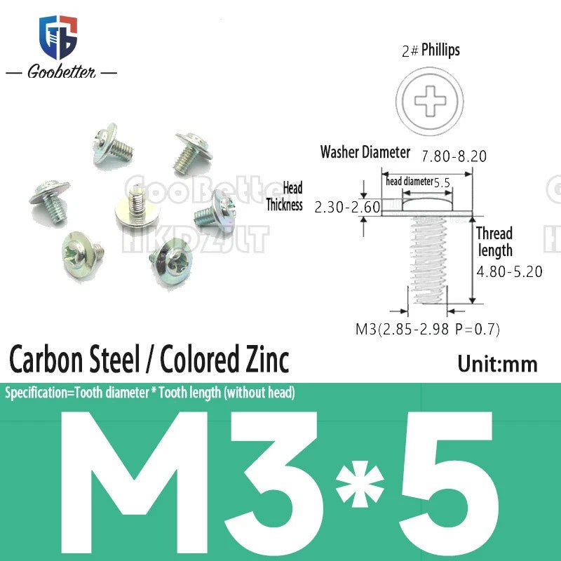 M2.5 / M2.6 / M3 Pan Head Phillips Machine Screws with Integrated Washer — Carbon Steel & Stainless, Multi - Finish - HomeDIYer