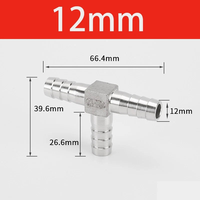 Stainless Steel 3-Way Hose Barbed Connector — T Piece & Y Piece, 8mm–32mm