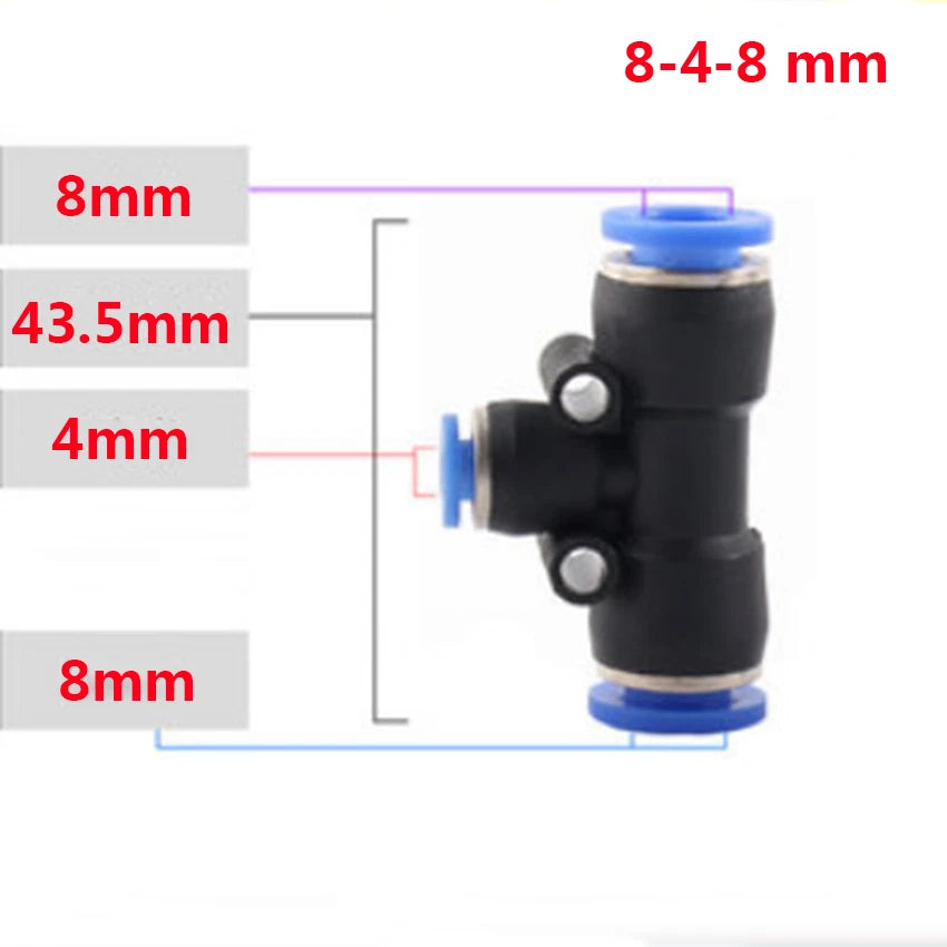 Reducer Tee Push-In Fittings for Pneumatic Air Tube — 4 to 16mm