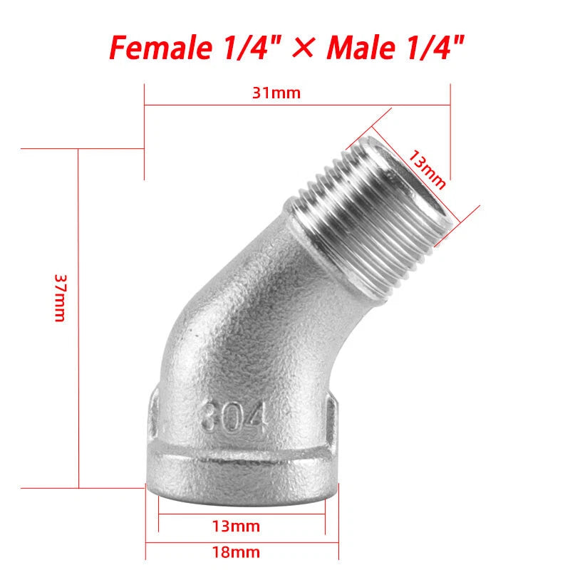 Stainless Steel 304 BSP 45° Elbow Pipe Fitting — Threaded Male × Female & Female × Female