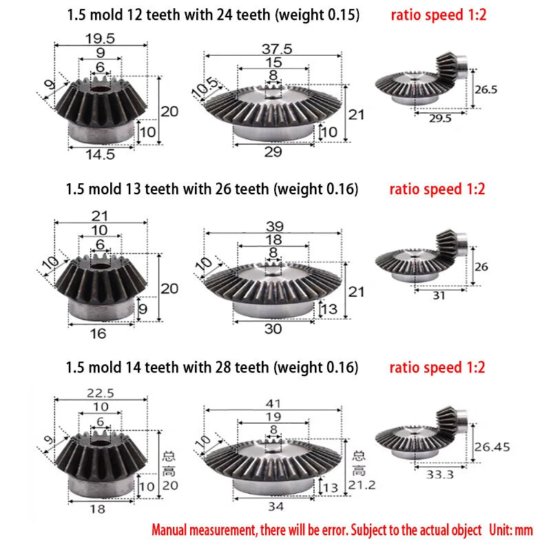 0.5/0.75/1/1.5-5 Mod Bevel Gear 12-160 Teeth Transmission Gears Bevel Teeth 90°