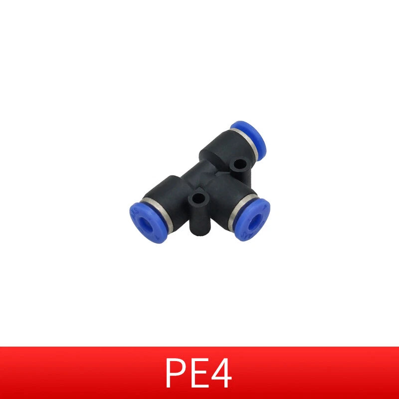 Pneumatic Push-in T-Shape 3-Way Fitting — Air Water Tube Connector PE4–PE16 & Reducing