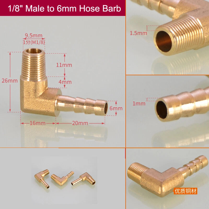 Brass Hose Barb Elbow Fittings — Male BSP to Metric Barb, 1/8" to 3/4" BSP