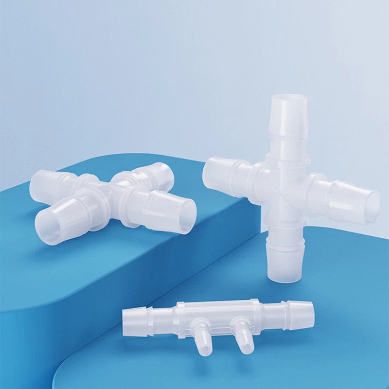 4-Way Plastic Hose Connector — Cross & Slant Equal Joint, OD 2.4mm–12.7mm
