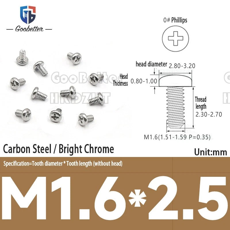 M1.6 & M1.7 Phillips Pan Round Head Machine Screws – Carbon Steel, Brass or Stainless, Lengths 1.5–22mm