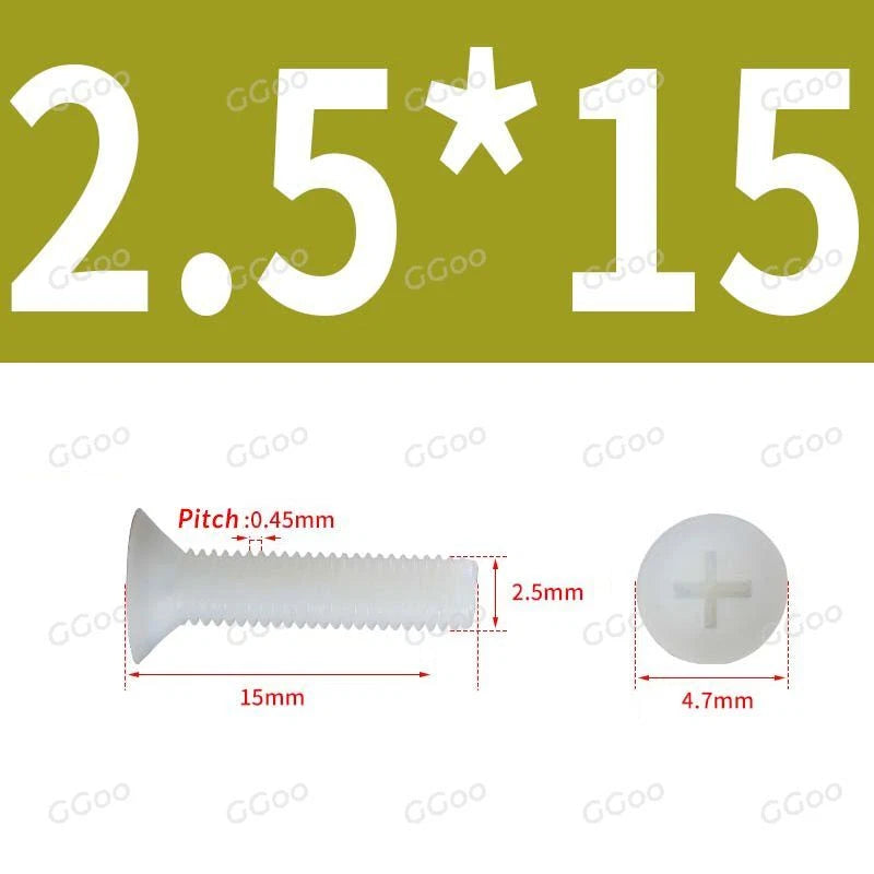 White Nylon Phillips Flat Head Machine Screws DIN 965 — M2.5 M3 M4 M5 M6 M8