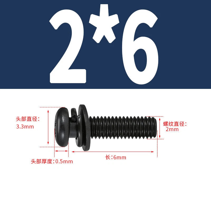 Black Zinc Pan Head Machine Screws with Washers, M2–M6 Pozi Phillips Drive