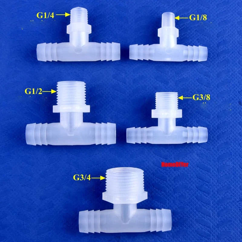T Piece Joiner 3-Way Plastic Barb Connector | Pipe Hose Male Thread Fitting